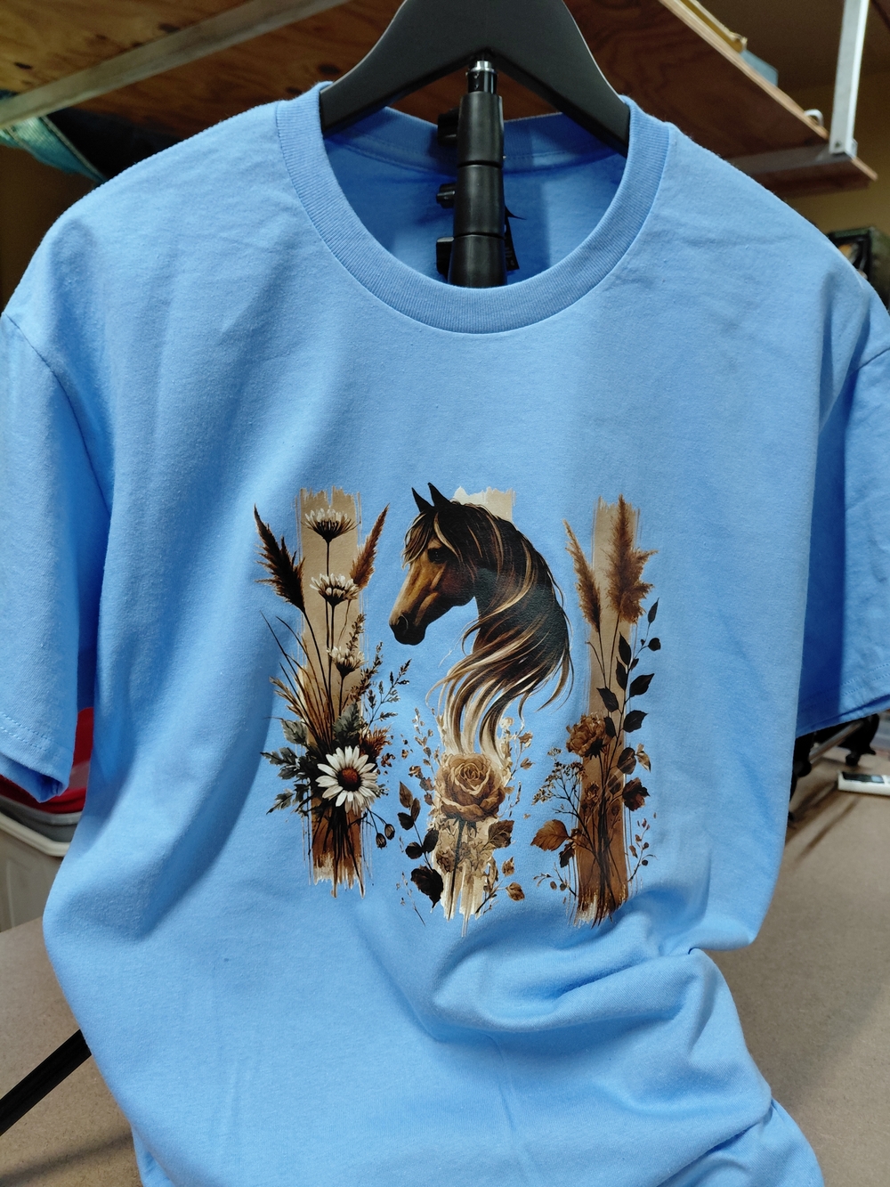 T-shirt L Womens Blue Gildan Heavy Cotton "Horse Brush Strokes" Colorful New